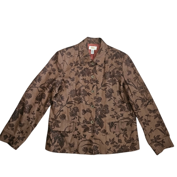 Talbots Tops - Talbots Linen Floral Brown Button Front Jacket Shirt Size 14 Fall Academia